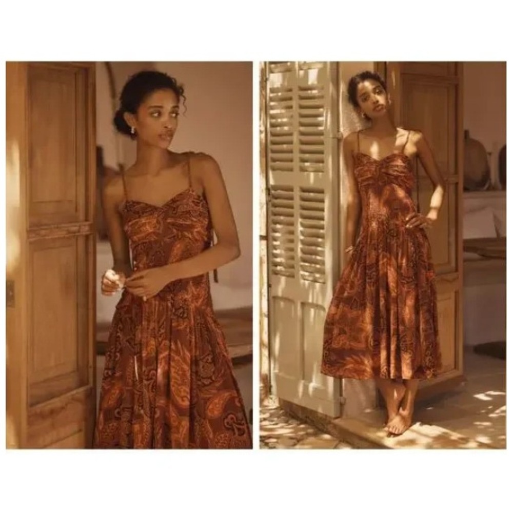 NWT Farm Rio x Anthropologie Tie Straps Drop-Waist Printed Midi Dress M